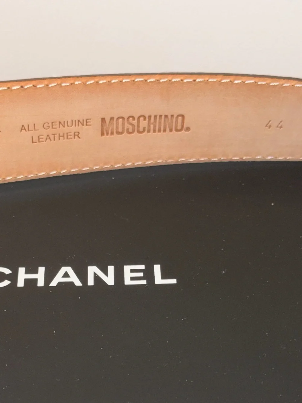 Moschino Cognac Leather w Signature Logo Belt with Gold Lettering